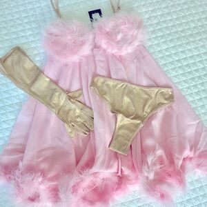 NWT! Frederick's of Hollywood Femme Fatale Babydoll Costume + thong + gloves